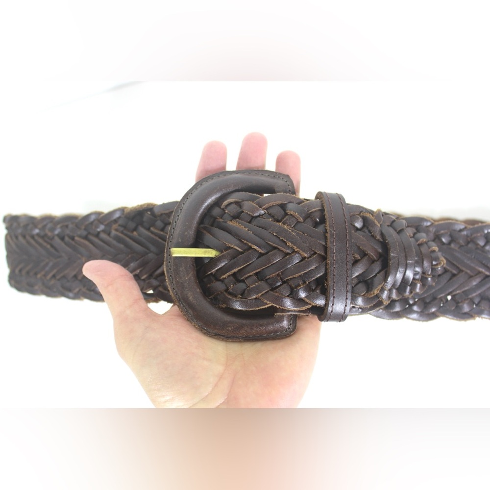 Wide Thick Vintage Dark Brown Woven Braided Leather Belt, Adjustable Self Buckle